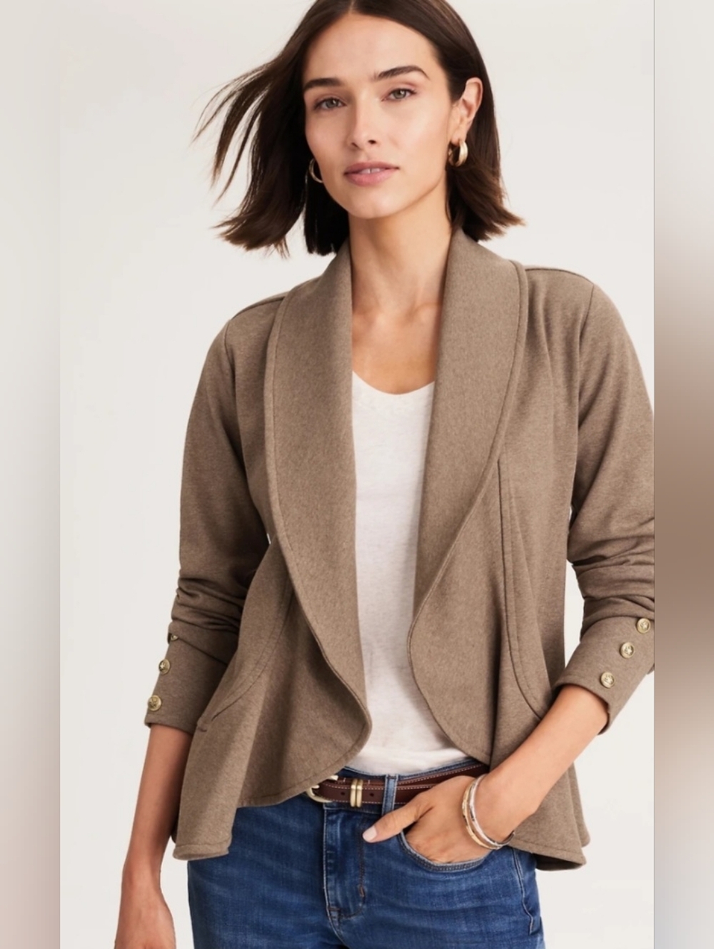 J. Jill Taupe Draped Open Front Cardigan with Gold Buttons